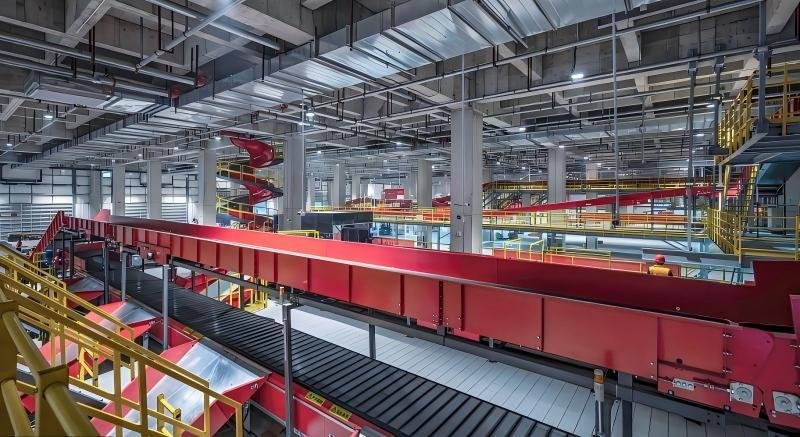 Wide-angle view of a massive automated warehouse with red conveyor belts, sorting stations, and workers managing high-volume e-commerce orders — typical of marketplace-only fulfillment infrastructure.