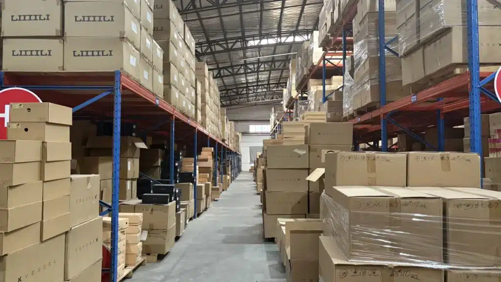 Organized ecommerce inventory stored in a fulfillment warehouse to support lower shipping costs, efficient order processing, and improved shipping cost as a percentage of AOV.