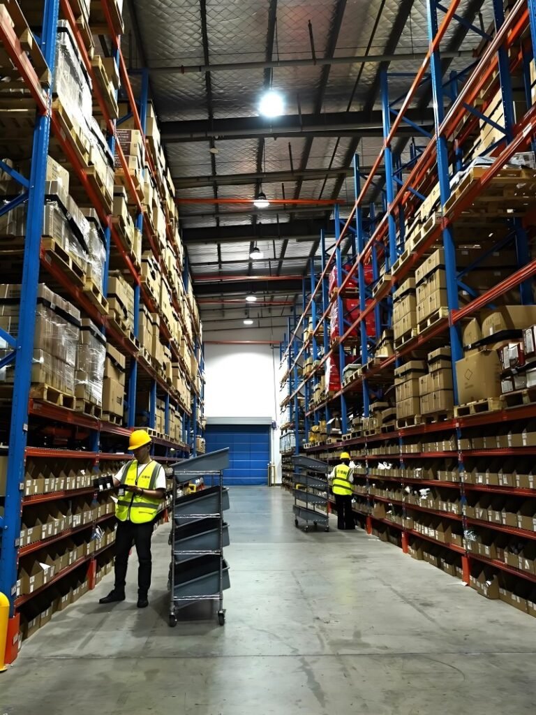 Warehouse workers in safety vests picking items from high shelves using handheld scanners, illustrating the labor efficiency and picking processes that determine fulfillment costs in China.