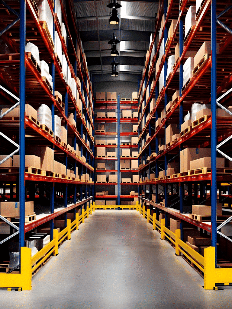Tall industrial pallet racking system filled with inventory boxes in a modern fulfillment center, optimizing storage for the picking process.