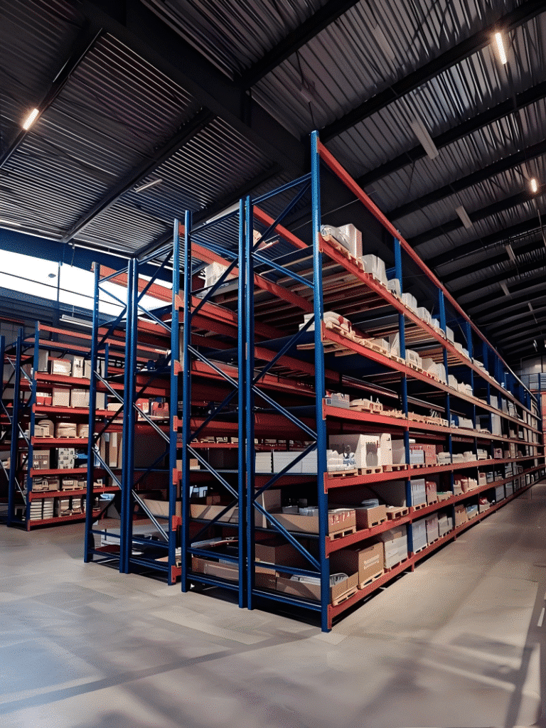 Organized warehouse racking system with clearly sorted products, demonstrating efficient inventory layout strategies that minimize picking time and labor costs in fulfillment operations.