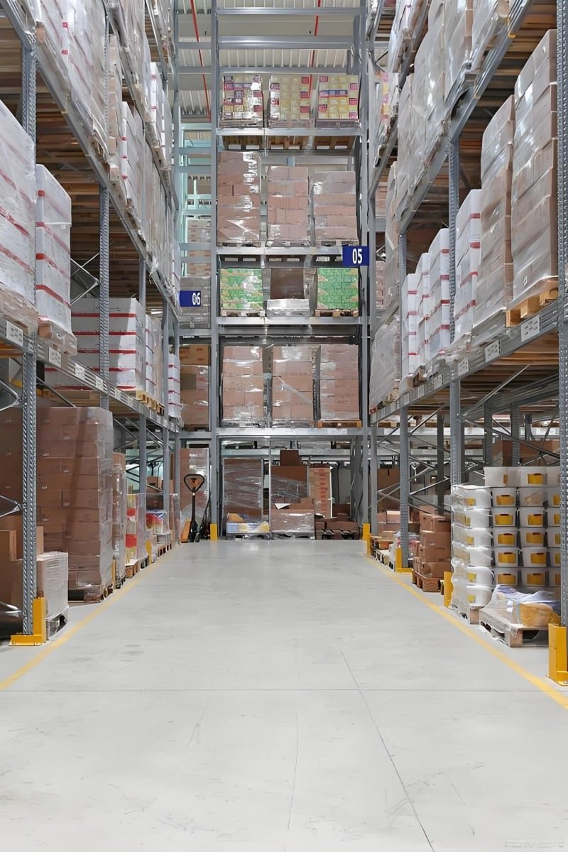 High-density pallet racking in a logistics center aisle, illustrating the importance of storage duration management and space utilization to avoid hidden costs in pick and pack services.