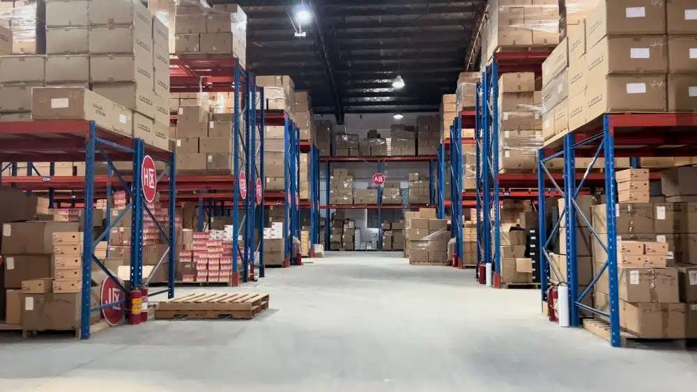 China warehouse storage facility with organized inventory racks illustrating warehousing costs, storage fees, and inventory management for eCommerce businesses.