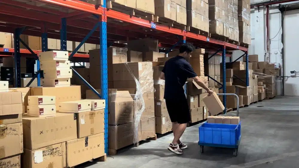 Cartons organized on warehouse racks for pick and pack fulfillment services and efficient eCommerce inventory management