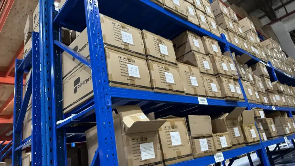 Organized eCommerce inventory stored on warehouse shelving, showing structured stock storage and inventory control for efficient order fulfillment.