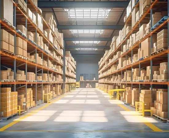 Spacious and organized warehouse aisle in a modern China fulfillment center, showcasing high-density racking and efficient inventory storage capabilities 