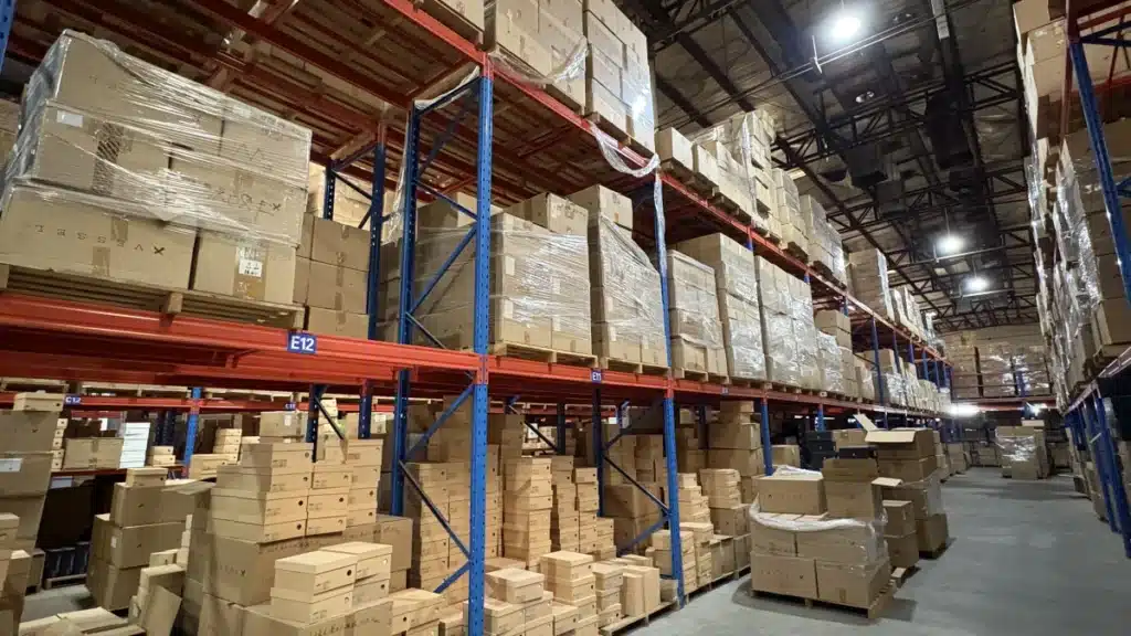 Palletized goods stored on industrial warehouse racks demonstrating pallet storage for bulk inventory and efficient warehouse space utilization.