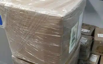 Inventory boxes wrapped in protective film ready for storage or dispatch, ensuring product safety in our China warehousing facility.