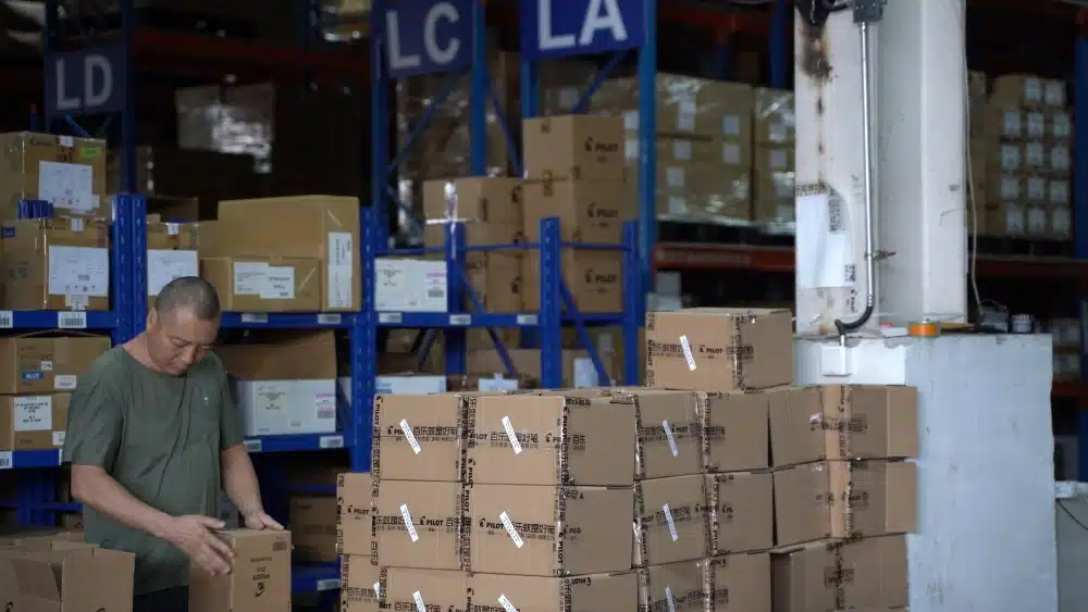 Warehouse storage area with cardboard packages supporting recyclable packaging, biodegradable materials, and sustainable logistics practices