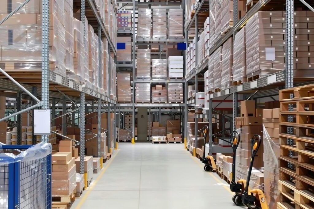 Pallets wrapped in plastic stacked high on industrial shelving with pallet jacks nearby, showing capacity for business scaling.
