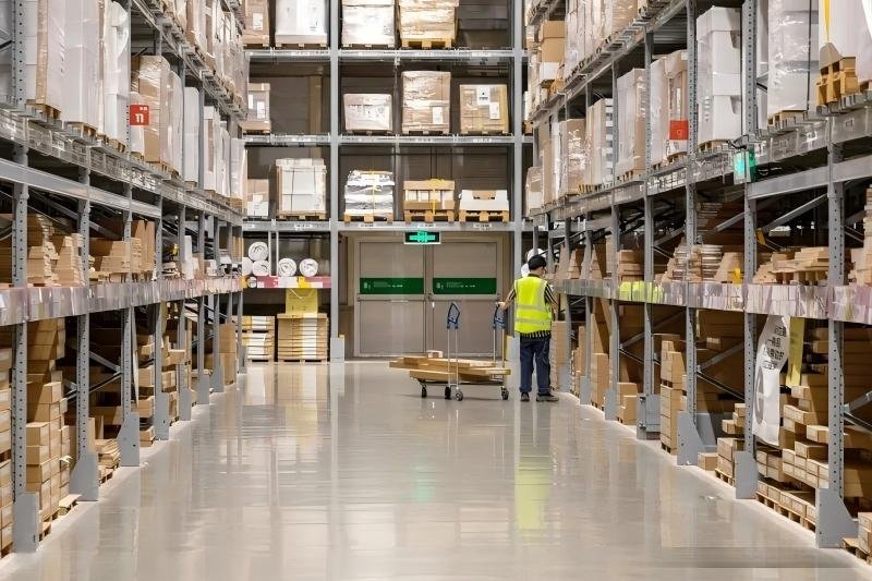 A worker pushing a cart down a clean aisle of high-density racking in a professional warehouse, representing reliable inventory control.