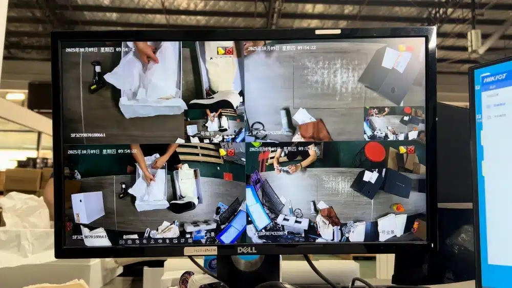 CCTV monitoring of product inspection and packing operations at a China 3PL warehouse supporting Shopify fulfillment and quality control