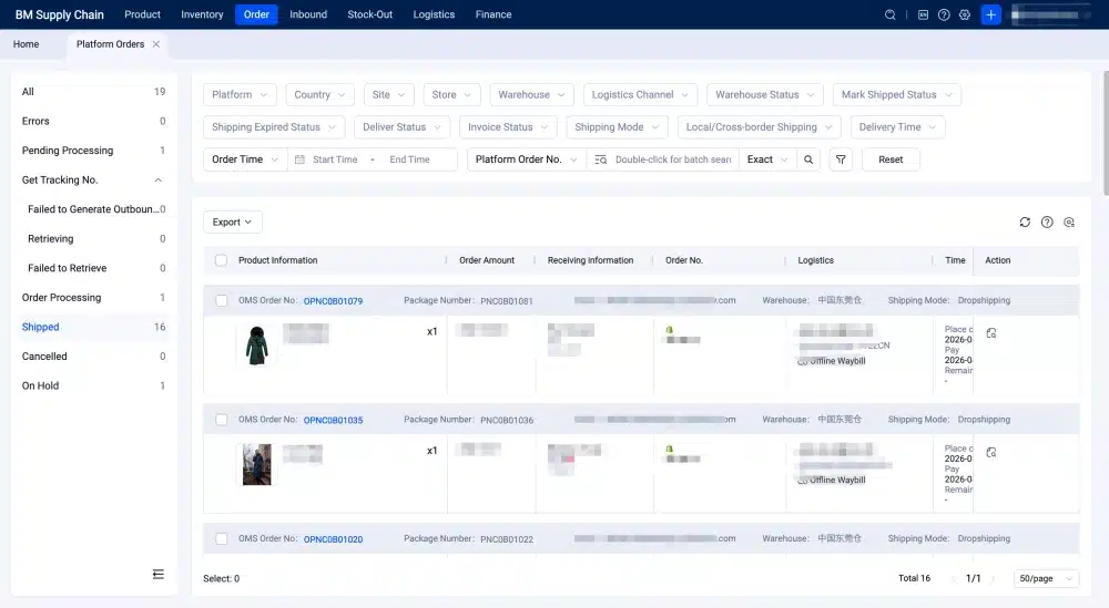 Shopify fulfillment dashboard displaying warehouse orders, product information, shipping status, and order processing workflow