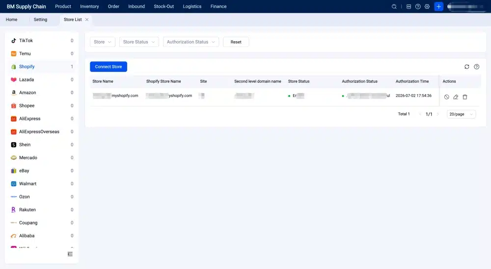Shopify warehousing system integration showing connected store authorization and automated inventory synchronization for eCommerce fulfillment