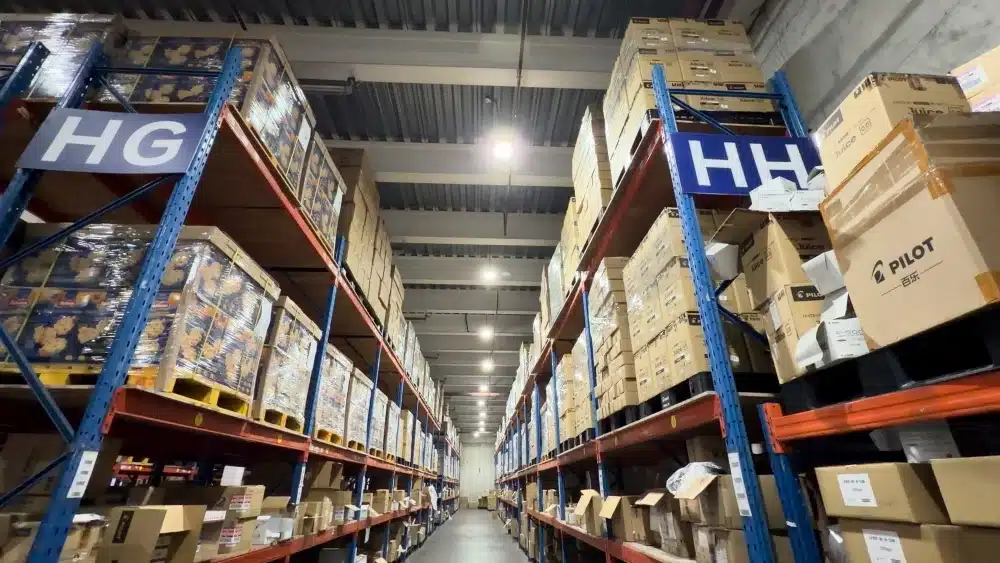 Warehouse storage racks with ecommerce inventory supporting sustainable fulfillment practices, efficient logistics, and eco-friendly supply chain operations