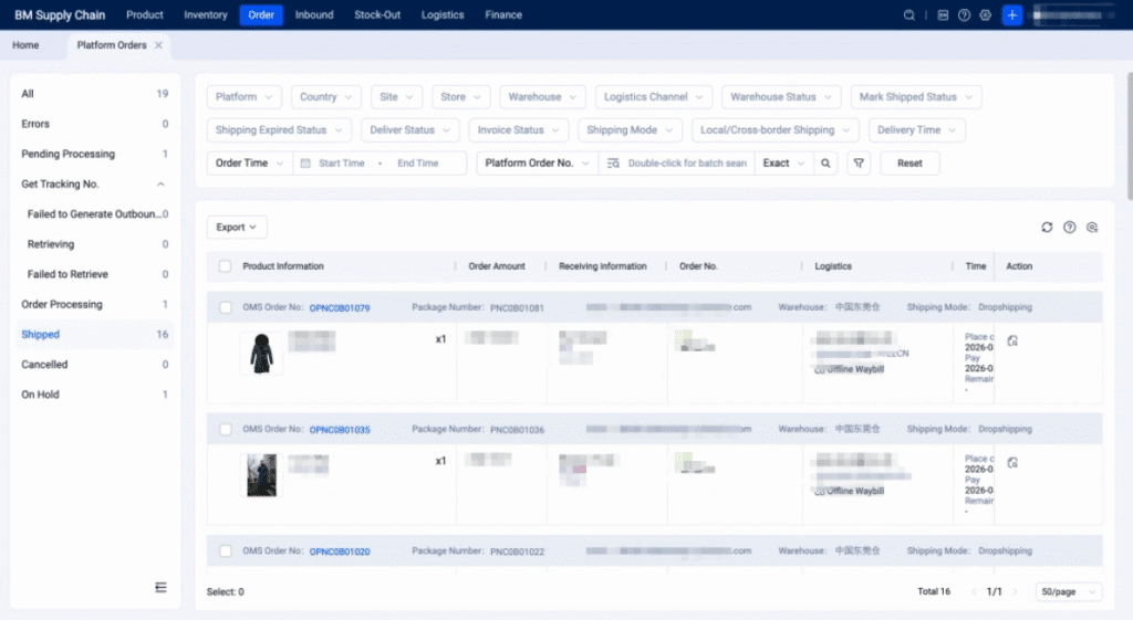 TikTok Shop seller fulfillment software dashboard showing store integration, order management, and logistics tracking for ecommerce operations