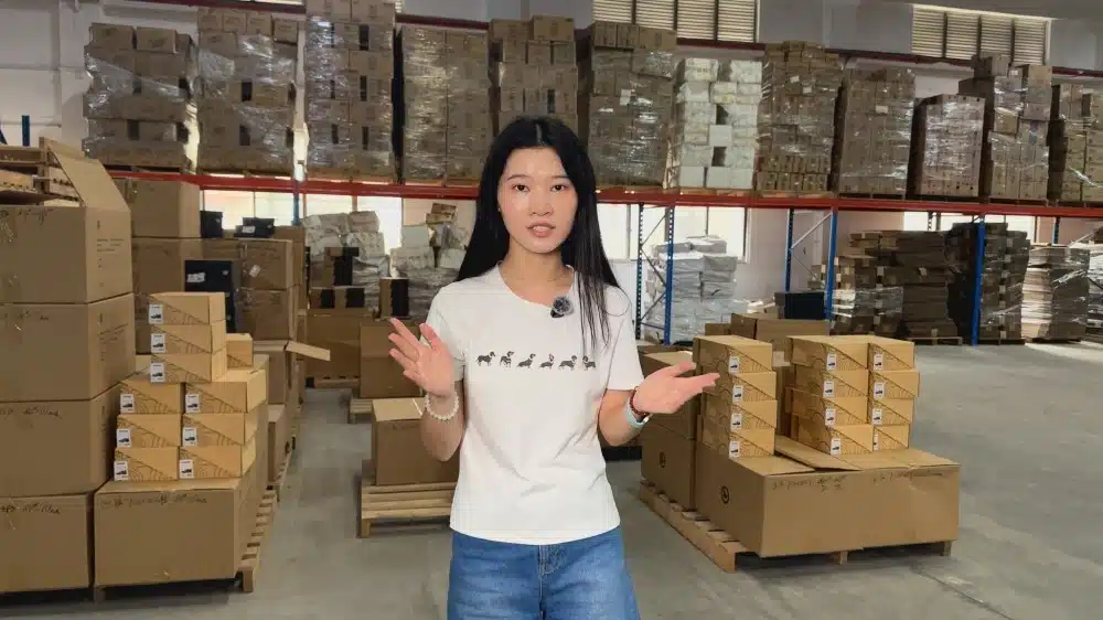 Warehouse worker explaining inventory management processes in a storage facility with organized product shelves and stock control systems