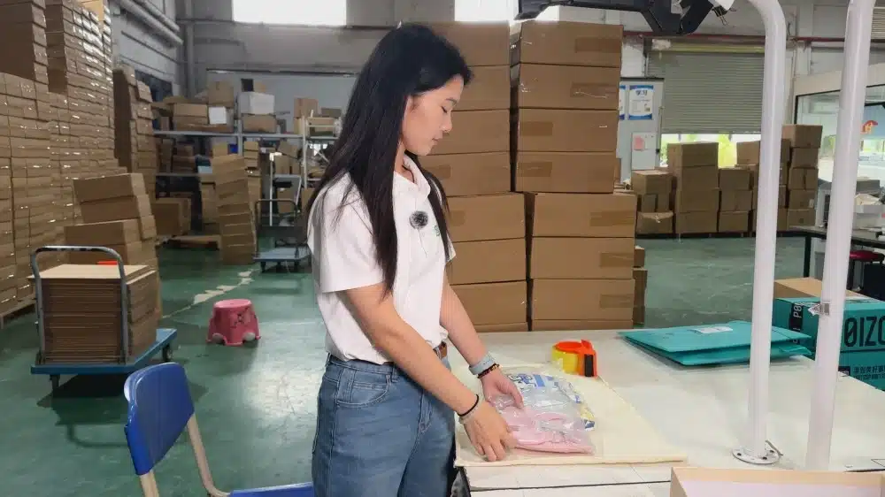 Warehouse worker managing inventory and preparing products for order fulfillment in a storage facility